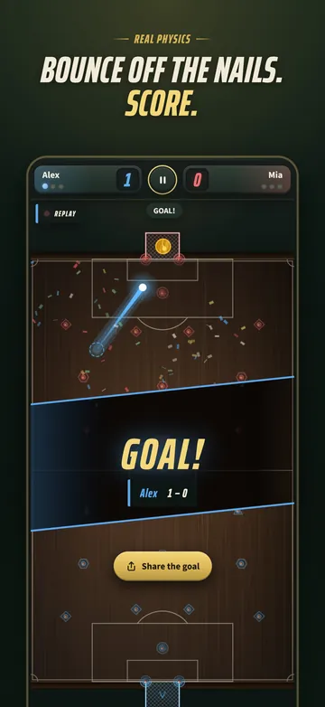 Goal: the disc has bounced off nails into the net, GOAL! on screen and the score 1-0.
