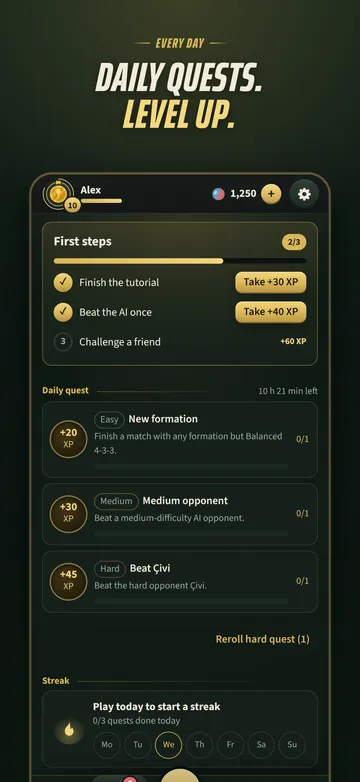 Quests: first steps, daily quests and a streak calendar.