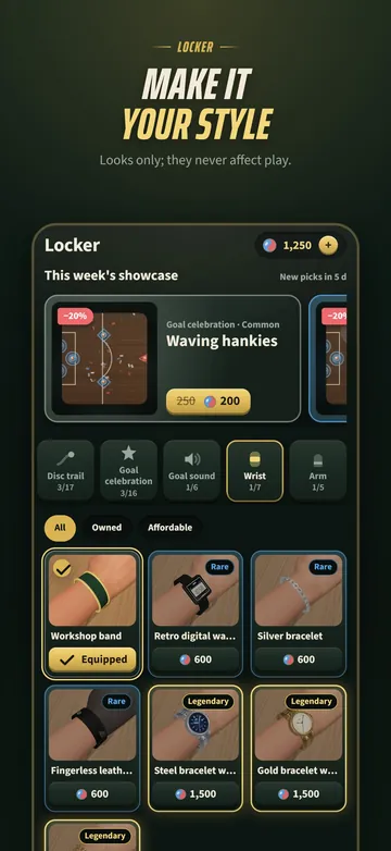 Locker: cosmetics such as wrist watches and bracelets; looks only, they do not affect play.