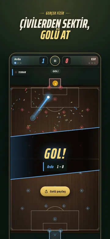 Gol anı: disk çivilerden sekip kaleye girmiş, ekranda GOL! yazısı ve skor 1-0.