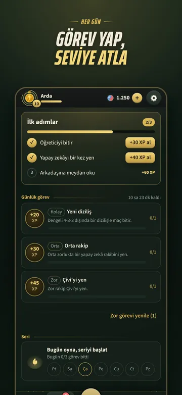 Görevler: ilk adımlar, günlük görevler ve seri takvimi.