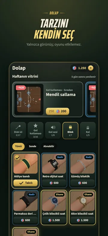Dolap: bilek saatleri ve bileklikler gibi kozmetikler; yalnızca görünüş, oyunu etkilemez.