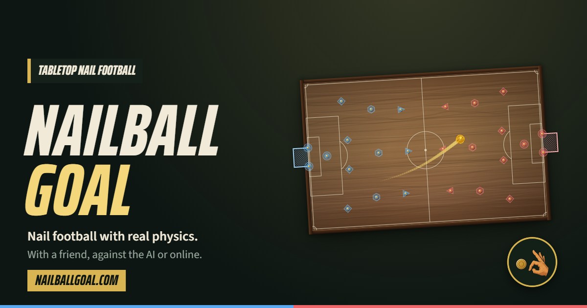 Nailball Goal cover: the logo next to the wooden board with blue and red nails and a coin heading for the goal.