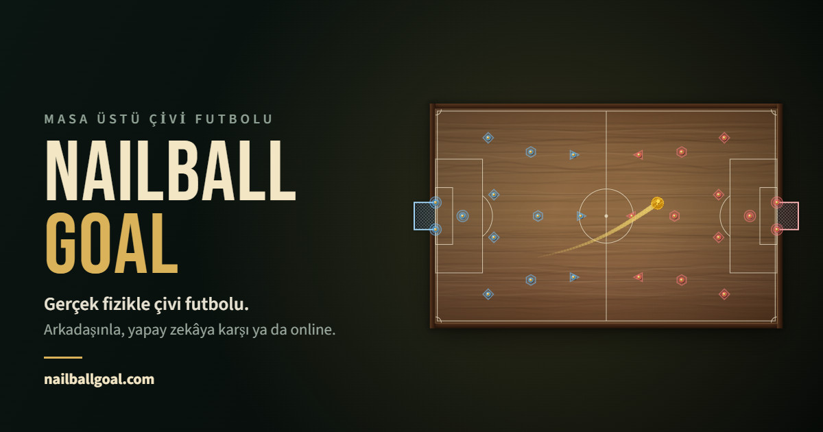 Nailball Goal sahası: ahşap masa, mavi ve kırmızı çiviler, rakip kaleye giden bozuk para.